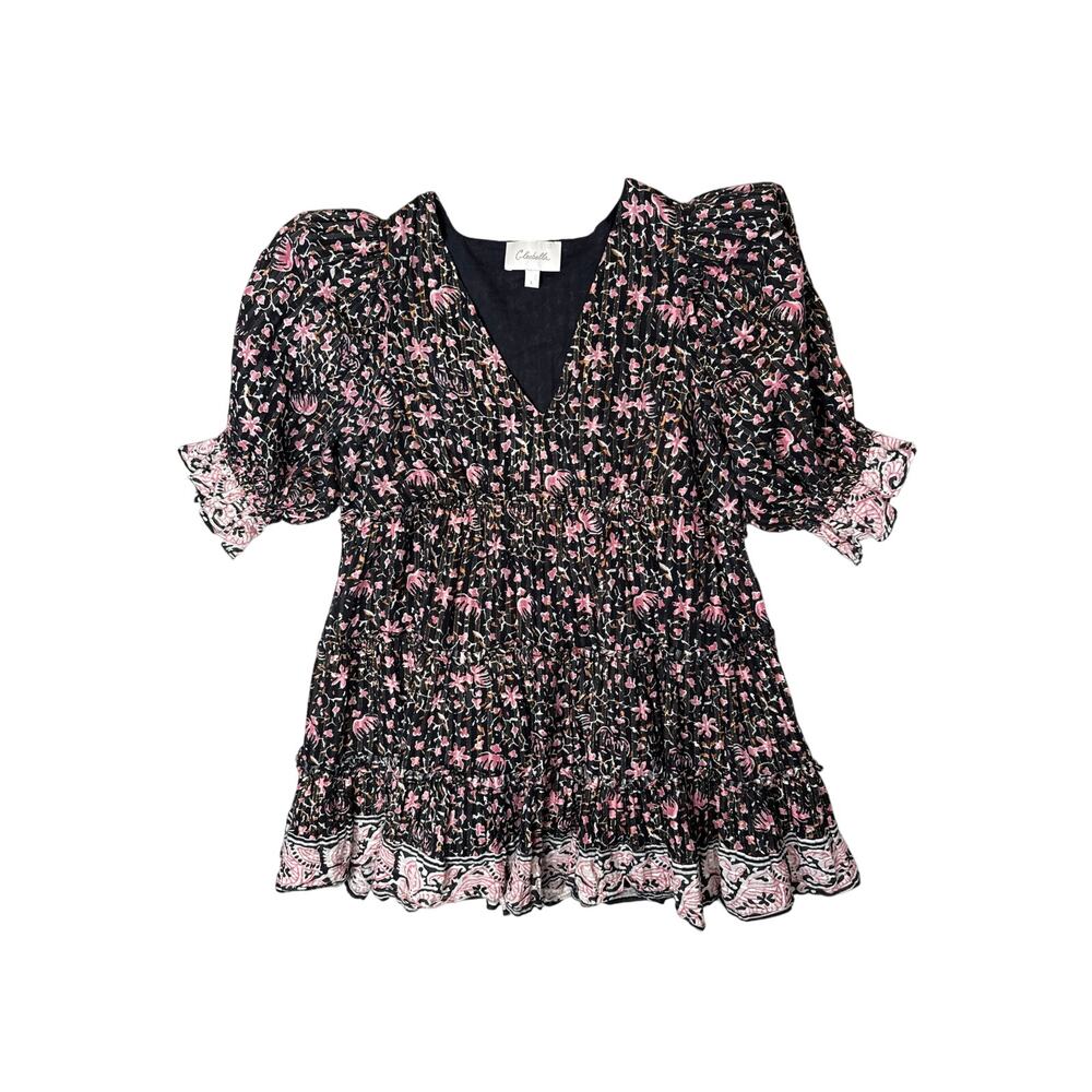 Cleobella Lauren Mini Dress Boho Cottagecore Black Pink V Neck Floral Large